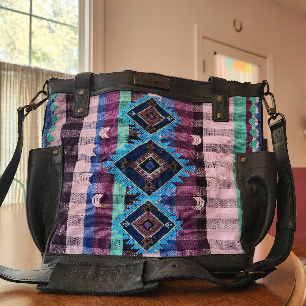 Nena & Co. Medium Convertible Day Bag - Black Leather + Huipil